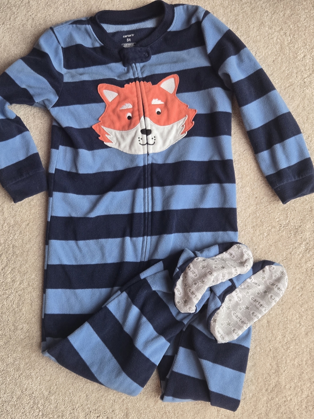 Carter's Navy and Light Blue Striped Fox Fleece One-Piece